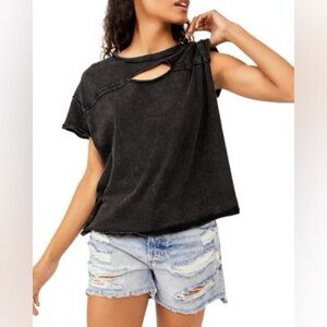 We The Free Black Linen Blend Cutout Short Sleeve Top